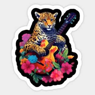 Cute Cheetah Playing Guitar Floral Sticker